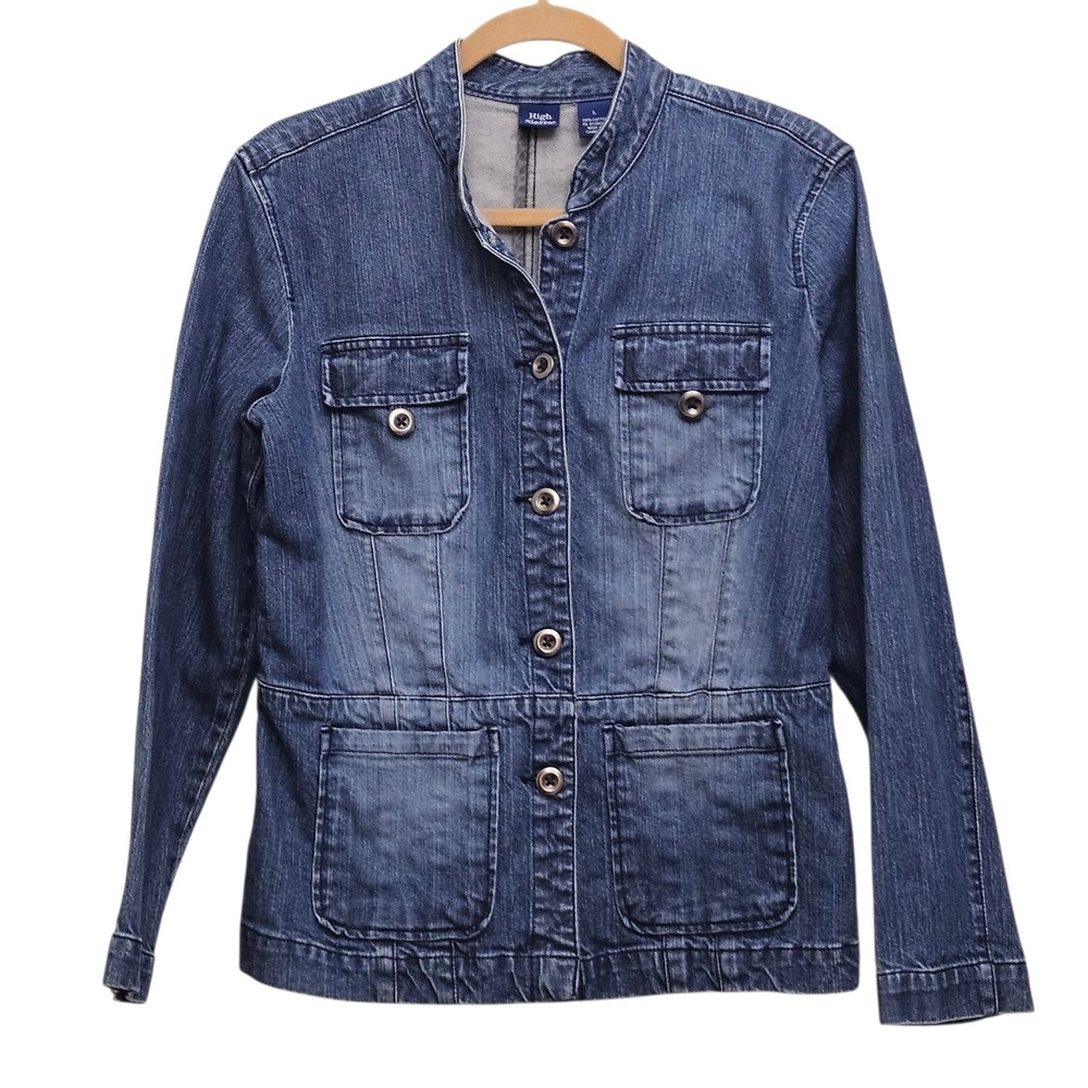 Vintage High Sierra Denim Jacket L Blue Button Up Mock Neck Utility Safari 90s